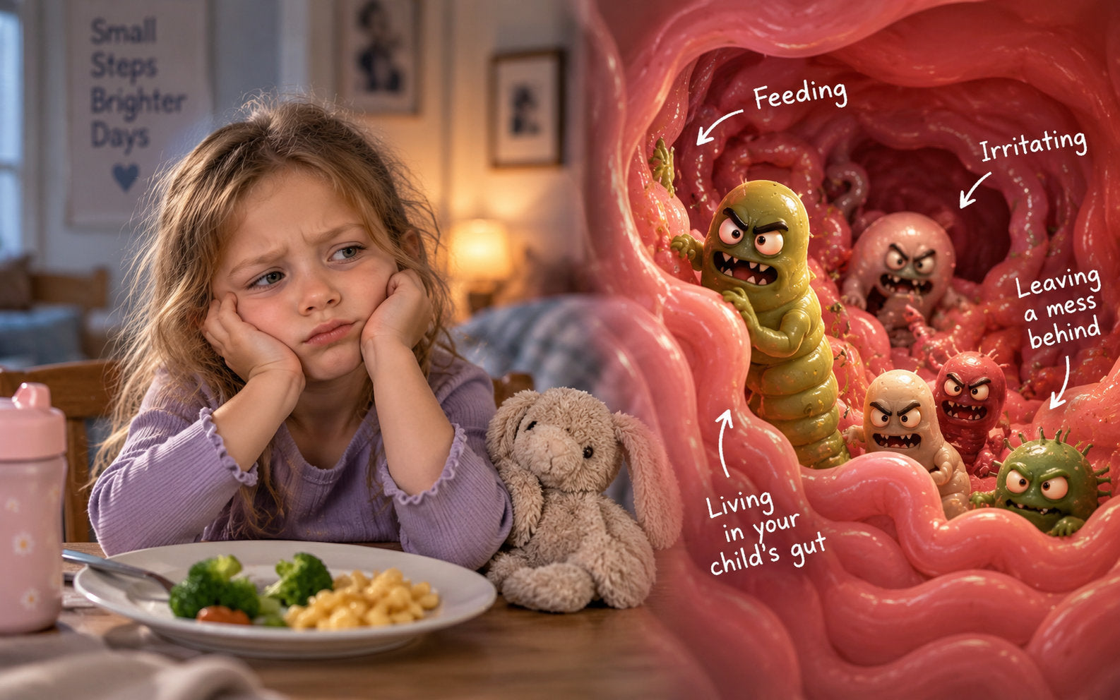 A child struggling while parasites live in the gut, feeding and irritating it