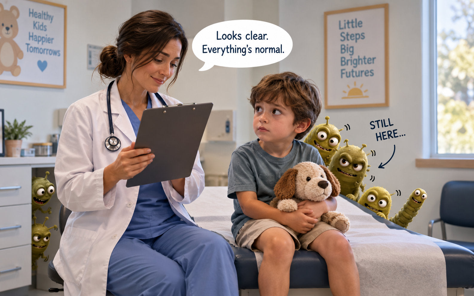 A pediatrician saying the test looks clear while parasites are still there