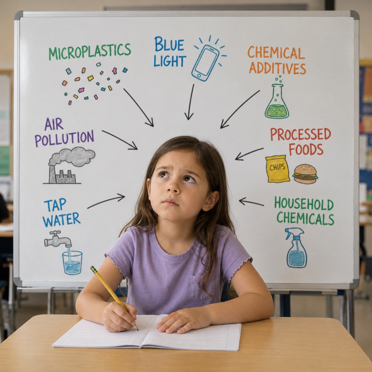 Everyday exposures surrounding a child — microplastics, blue light, chemical additives, air pollution, tap water, processed foods, household chemicals