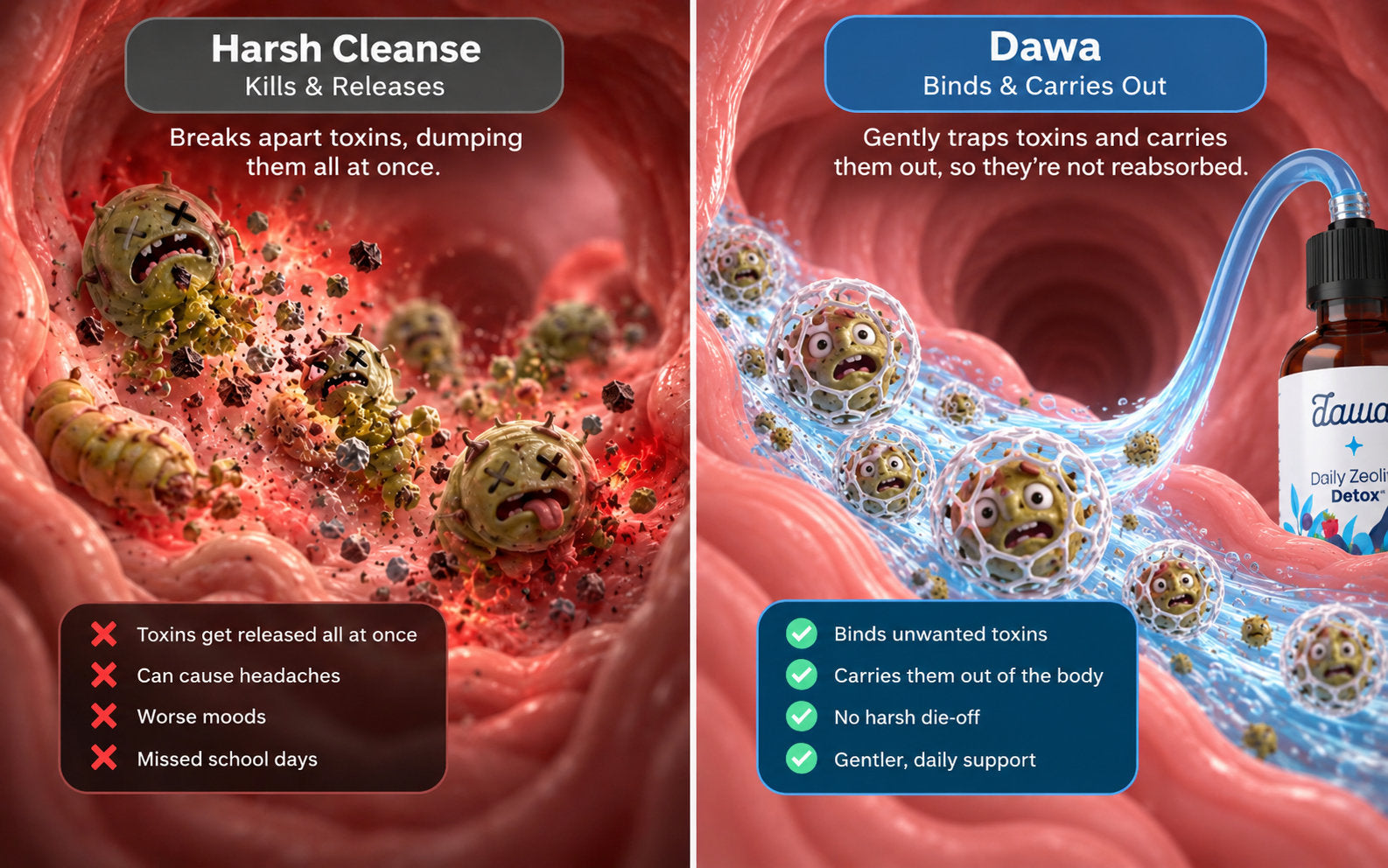 Harsh cleanse dumps toxins all at once versus Dawa binding and carrying them out